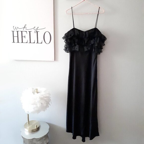 NWT Zara black satin-like maxi slip-like long dress w/ sheer ruffled accents, M - Picture 4 of 10